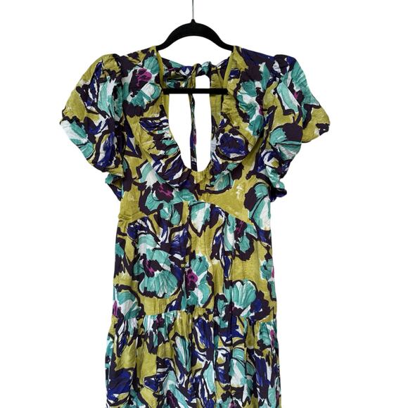 Anthropologie Puff Sleeve Tiered Midi Dress Green Blue Floral Statement Size L - Picture 8 of 10